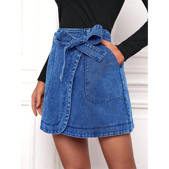 Wrap skirt denim mini skirt bow waist tie belt - Picture 2 of 2